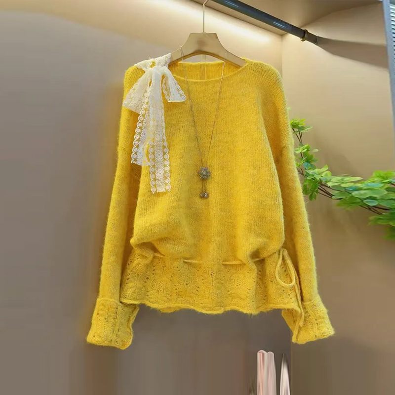 大码女装单侧系带长袖针织衫