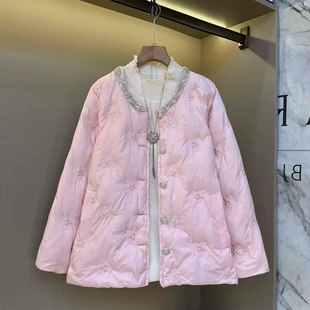 棉服加肥大码 法式 女装 款 百搭洋气外套 冬季 胖MM显瘦亮钻领暗花长袖