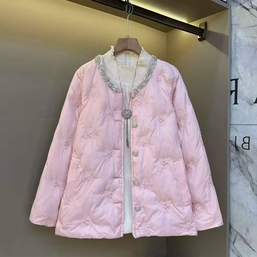 大码女装亮钻领暗花长袖棉服