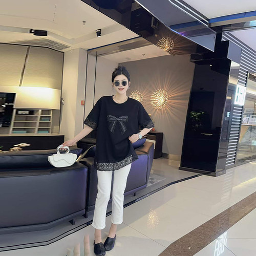 镂空边蝴蝶结图案短袖上衣