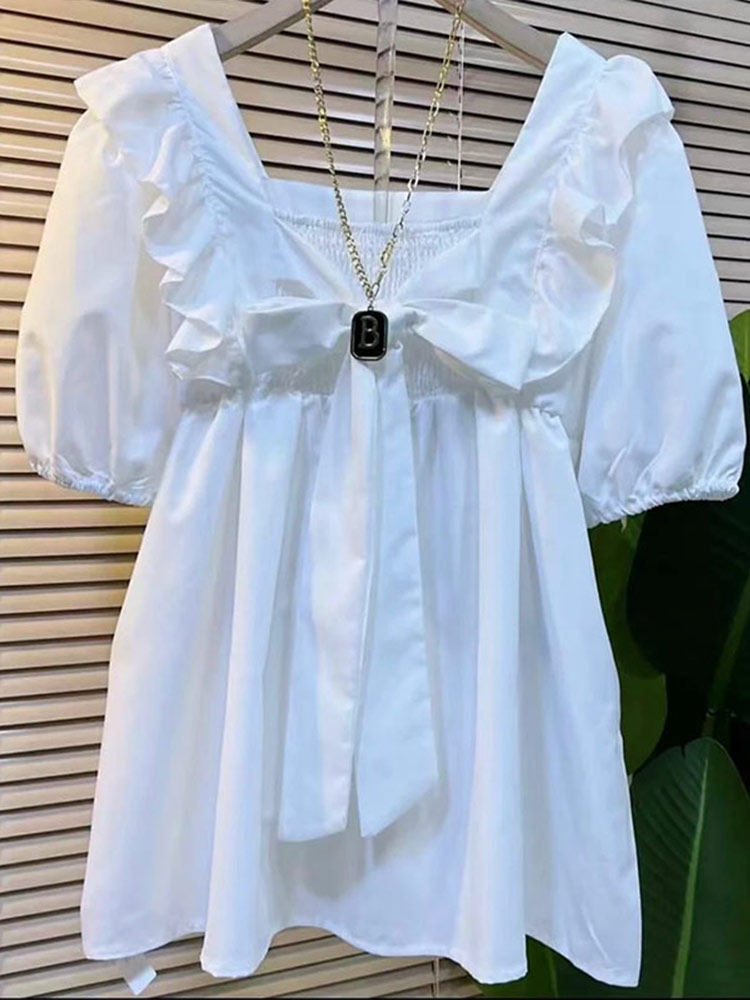 플러스 사이즈 여성용 스퀘어 넥 로터스 어깨 신축성있는 커프스 블라우스 뚱뚱한 소녀 용 한국 스타일 프레피 스타일 스위트 연령 감소 탑