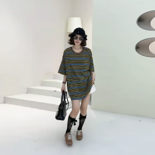 休闲T恤衫 胖妹妹显瘦短袖 宽松百搭2026新款 女装 条纹上衣加肥大码