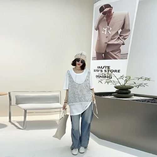 胖妹妹拼马甲短袖假两件上衣