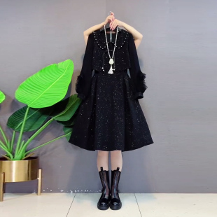 女装 气质赫本风巨显瘦大码 小黑裙 连衣裙法式 胖妹妹翻领流苏扣长袖