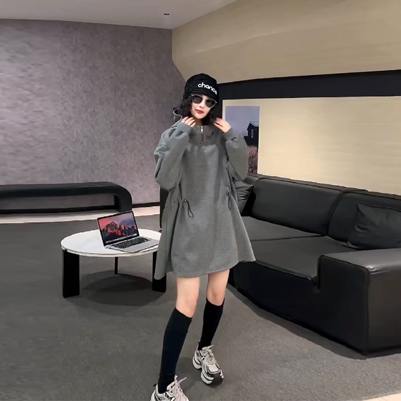 连帽侧抽绳长袖卫衣裙