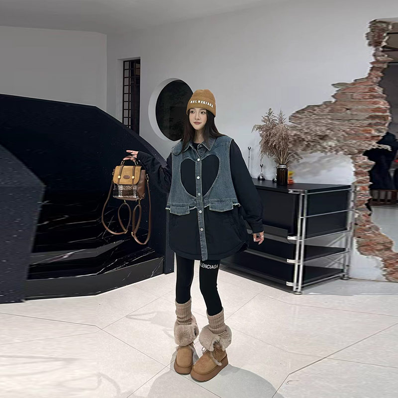 拼接牛仔长袖翻领假两件棉服