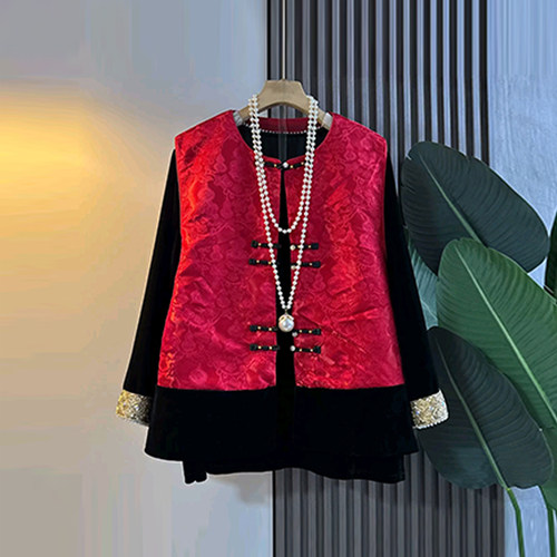 盘扣花朵国风马甲拼色袖口小衫