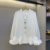 减龄百搭小众设计小衫 加肥微喇袖 口立领上衣宽松遮肚子胖妹妹韩版