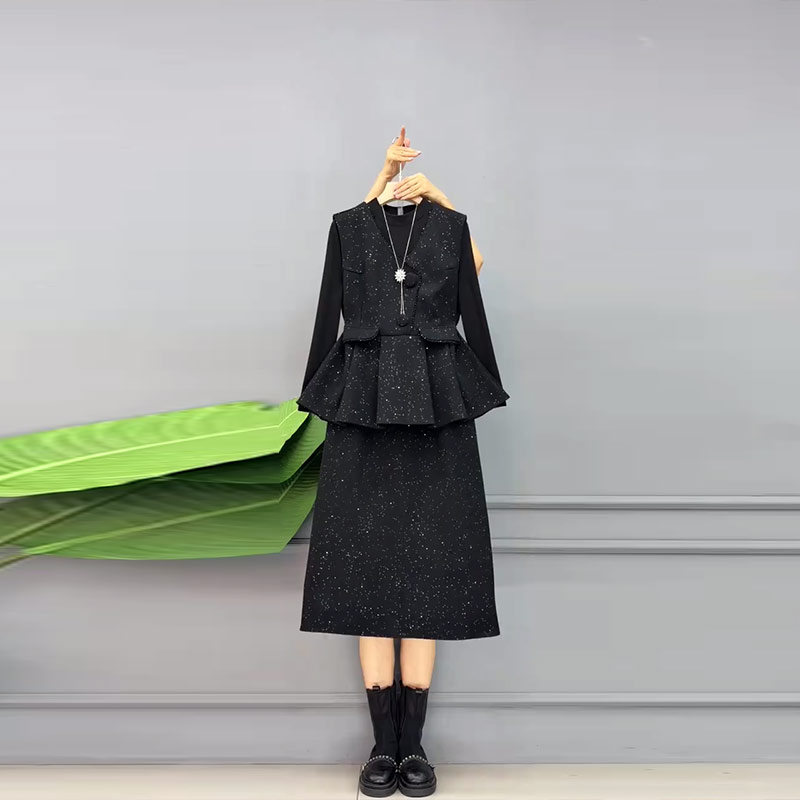 V领马甲高领长袖打底衫半身裙