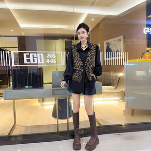 加肥大码女装V领流苏盘扣豹纹马甲翻领长袖衬衫胖妹妹休闲两件套