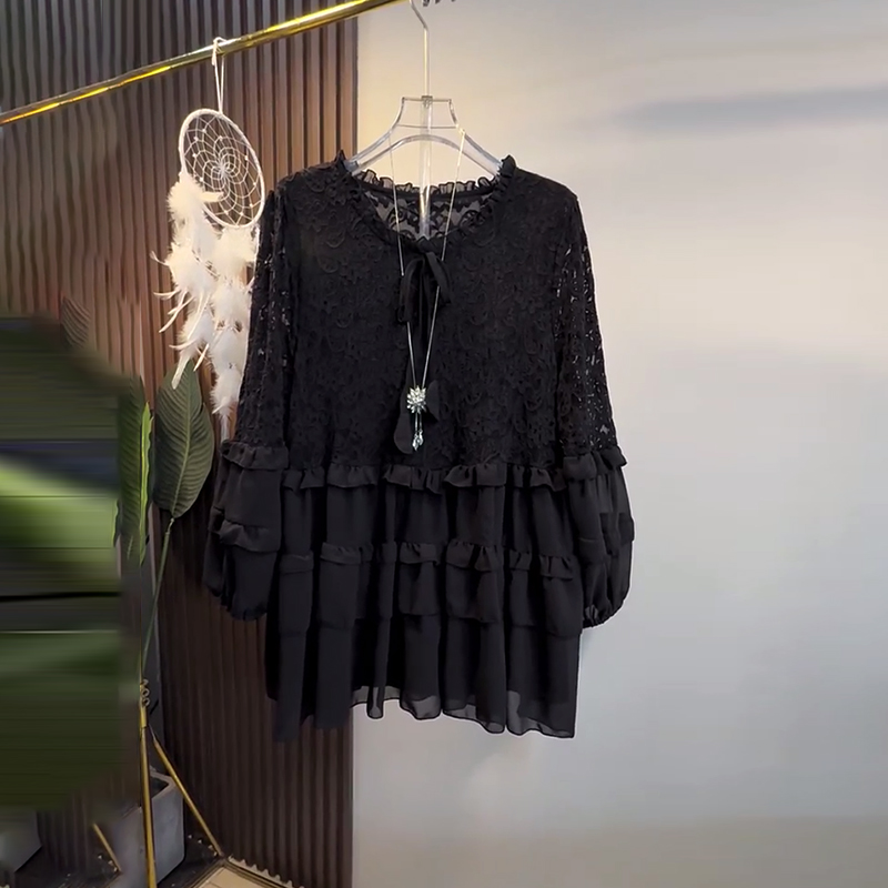 大码女装圆领长袖蕾丝小衫