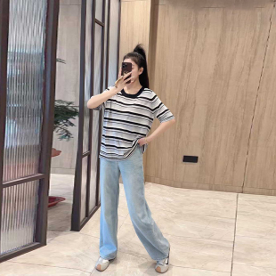 女装 胖MM显瘦圆领短袖 加肥大码 韩版 宽松遮肚子百搭上衣 条纹针织衫