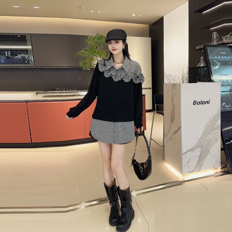 翻领长袖拼接格子假两件上衣