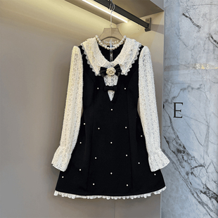 胖MM拼色翻领植绒长袖假两件连衣裙加肥中长款显瘦减龄甜美淑女裙