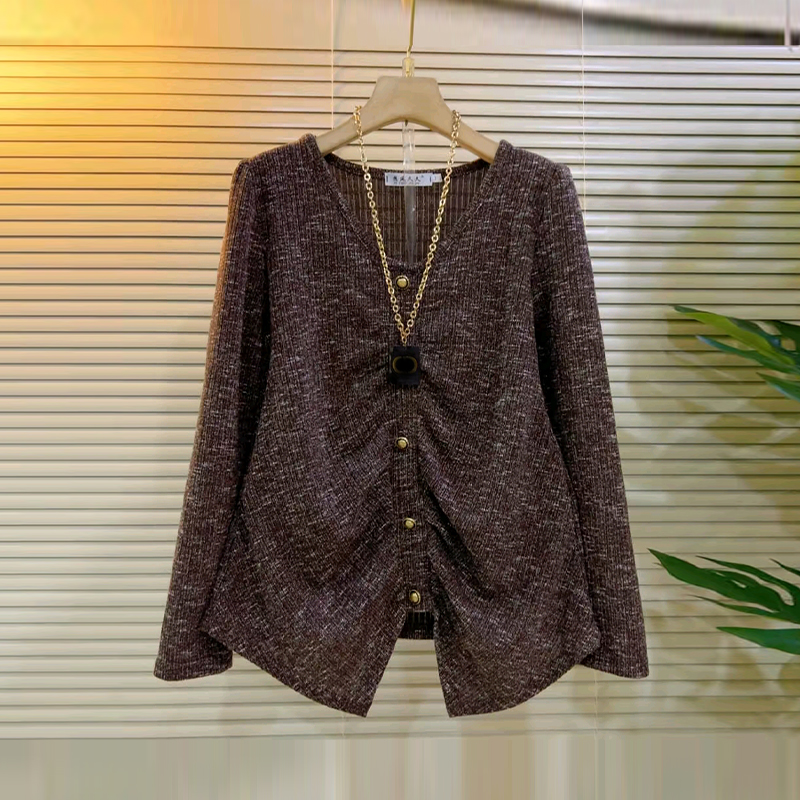 大码女装V领前压褶纽扣上衣