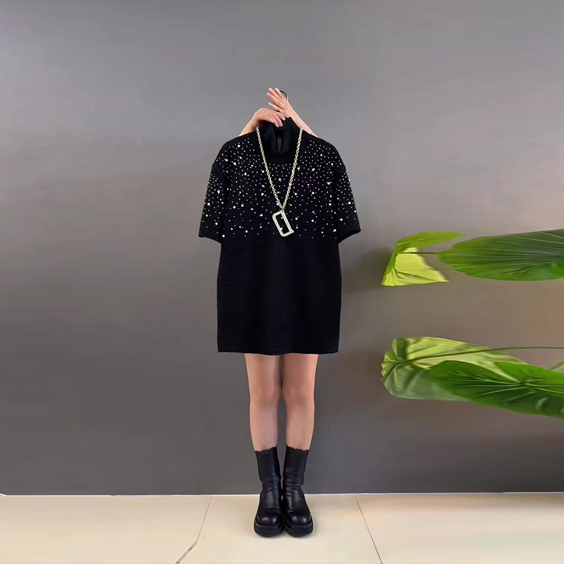 大码女装钉珠亮钻肩短袖上衣