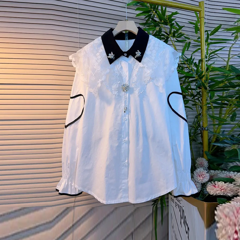 胖MM加肥拼色翻领蕾丝披肩长袖衬衫韩版甜减龄淑女风大码女装上衣,女装/女士精品,大码内搭,淘宝优惠券,粉丝福利购,淘宝优惠卷