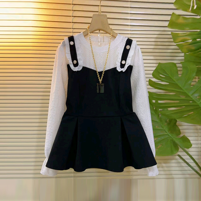 纽扣肩拼色长袖假两件上衣