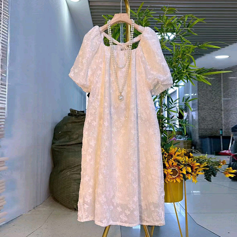 大码女装方领后系带短袖淑女裙胖妹妹甜美名媛风中长款显瘦连衣裙