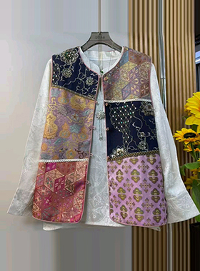 胖妹妹新中式拼色AB版国风马甲加肥大码女装2026新款长袖暗花小衫