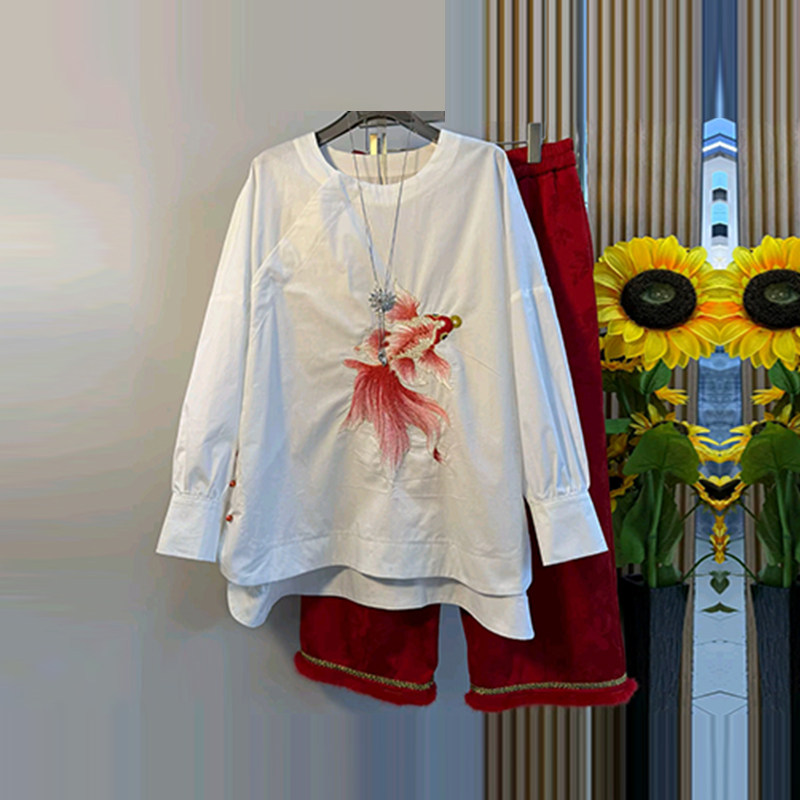 加肥大码女装刺绣图案长袖上衣胖妹妹宽松遮胯松紧腰暗花阔腿裤子,女装/女士精品,大码内搭,淘宝优惠券,粉丝福利购,淘宝优惠卷