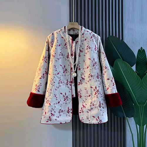 拼色袖口碎花棉服外套