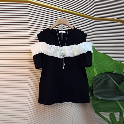 加肥拼色蕾丝露肩圆领上衣