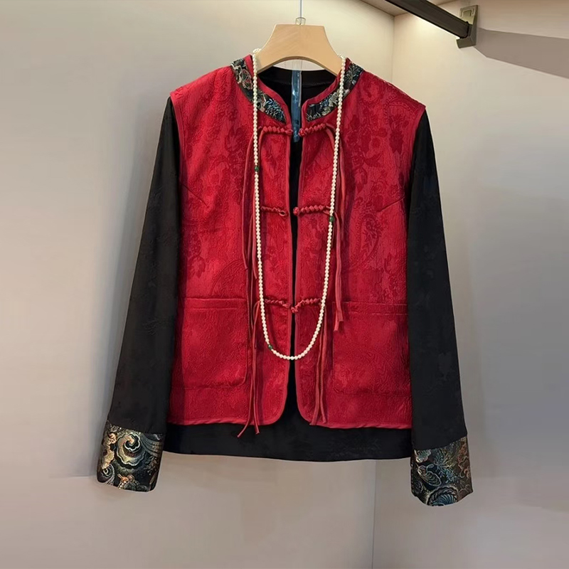 立领流苏盘扣马甲花朵袖口打底衫