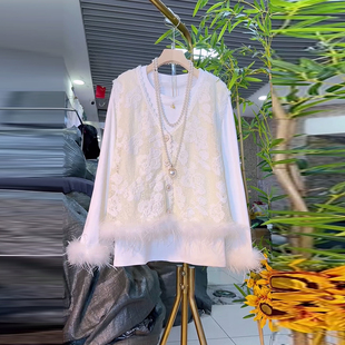 口打底衫 时尚 花纹马甲加肥大码 秋冬款 减龄两件套 女装 胖妹妹毛毛袖