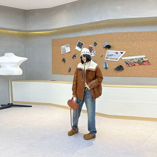 欧洲站2025秋冬款 女装 洋气设计感棉服 皮外套大码 加肥毛毛翻领长袖