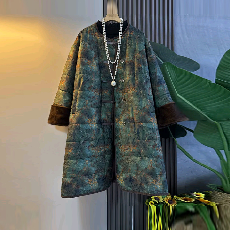 胖妹妹毛毛袖口中长款国风棉服