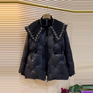 款 冬季 黑色百搭显瘦保暖外套 女装 胖MM加肥亮钻披肩领收腰棉服大码