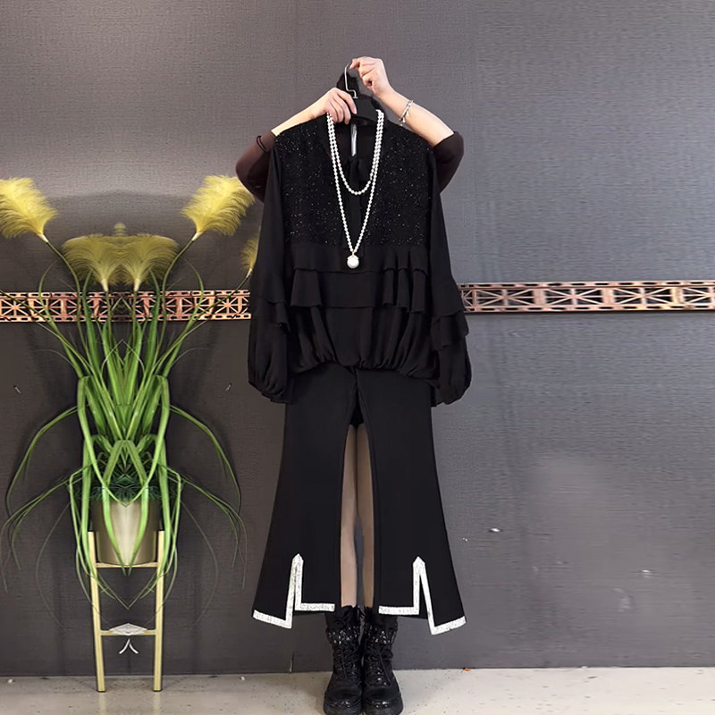 加肥大码女装系带领长袖上衣胖妹妹黑色宽松遮胯亮钻开叉裤脚裤子,女装/女士精品,大码内搭,淘宝优惠券,粉丝福利购,淘宝优惠卷