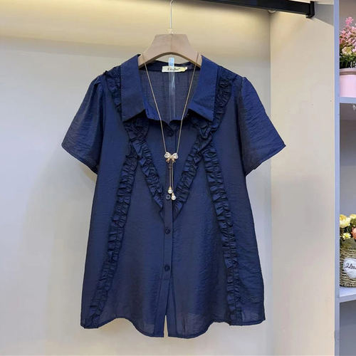 加肥翻领拼接荷叶条短袖上衣