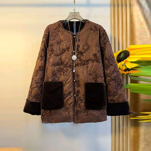 洋气复古风时尚 大码 国风棉服2025秋冬款 圆领拼接丝绒挽袖 外套 女装