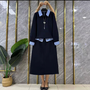 加肥女拼色衬衫领长袖上衣半身裙胖妹妹2026春秋款显瘦休闲两件套