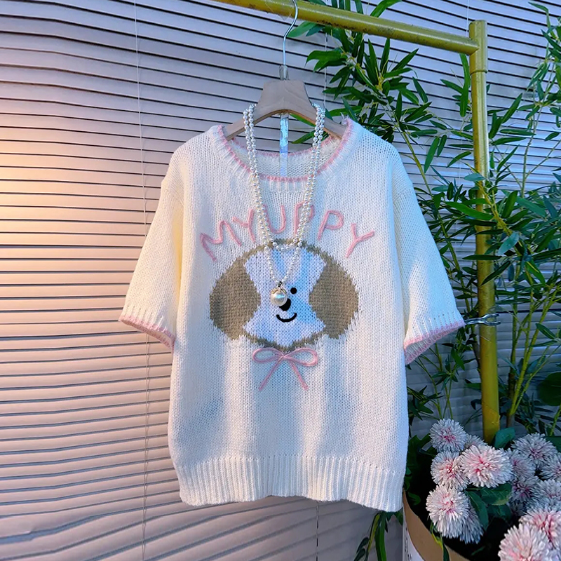 加肥卡通图案字母短袖针织衫