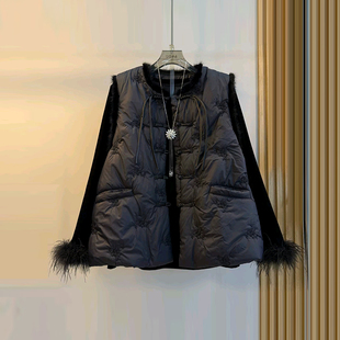 加肥大码女装流苏盘扣棉马甲胖妹妹黑色显瘦简约百搭毛毛袖口小衫