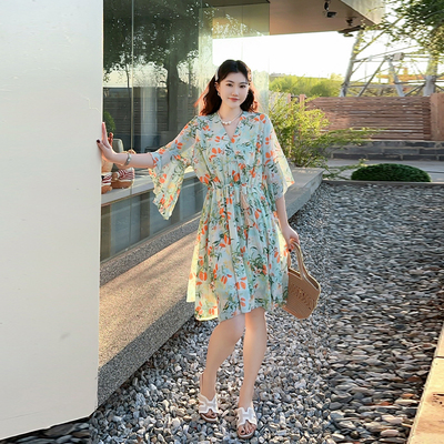 大码女装V领收腰碎花裙