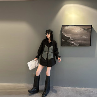 休闲百搭简约显瘦长袖 大码 胖妹妹秋冬款 翻领拼接牛仔衬衫 上衣 女装