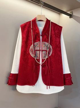 胖妹妹立领流苏盘扣国风马甲拼色袖口暗花小衫大码女装法式两件套