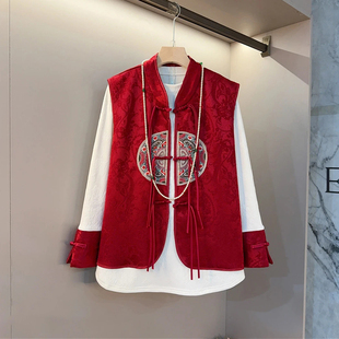 法式 胖妹妹立领流苏盘扣国风马甲拼色袖 女装 大码 两件套 口暗花小衫