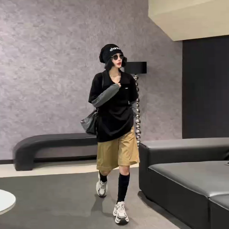 加肥翻领拼接长袖假两件上衣