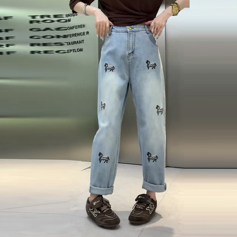 大码女装后腰松紧卡通小马哈伦长裤宽松遮胯胖MM百搭欧货牛仔长裤,女装/女士精品,大码裤装,淘宝优惠券,粉丝福利购,淘宝优惠卷