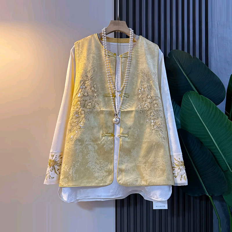 加大码女装盘扣钉珠花国风马甲胖妹妹气质设计感洋气长袖暗花小衫,女装/女士精品,大码内搭,淘宝优惠券,粉丝福利购,淘宝优惠卷