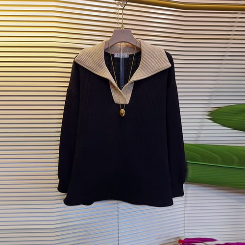 拼色翻领拉链长袖针织衫上衣