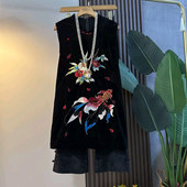 女装 脚裤 刺绣图案国风马甲胖妹妹黑色显瘦秋季 暗花盘扣裤 子 款 大码