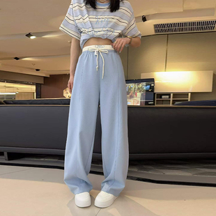 休闲长裤 加肥女拼色松紧腰系带阔腿裤 胖妹妹宽松遮胯百搭简约韩版