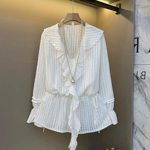 加肥V领荷叶边长袖植绒上衣胖妹妹2025秋季款设计感通勤百搭小衫