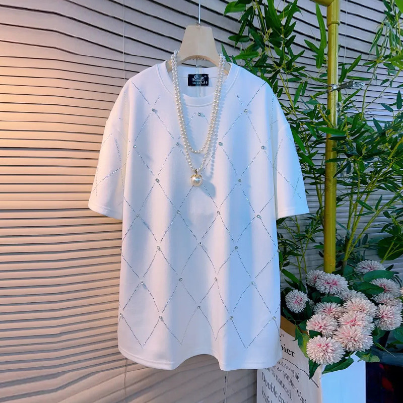 加大码女装圆领短袖亮钻菱形格T恤衫胖妹妹时尚减龄减龄洋气上衣,女装/女士精品,大码内搭,淘宝优惠券,粉丝福利购,淘宝优惠卷